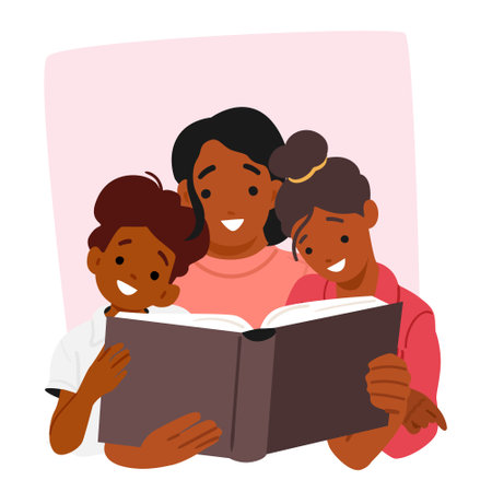 Portrait of happy mother reading for kids sharing love and care during home activity on eveningのイラスト素材