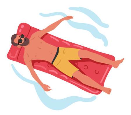 Guy tourist swimming on inflatable mattress enjoying restful time on tropical resort top viewのイラスト素材