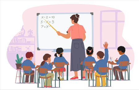 Children class with teacher at blackboard cartoon scene showcasing education process in schoolのイラスト素材