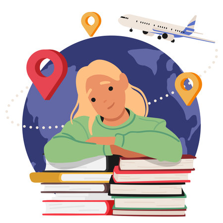 Cute smart girl student rejoicing educational exchange program scholarship opportunity cartoon sceneのイラスト素材