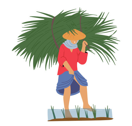 Asian farmer cartoon character working on rice plantation in oriental village isolated sceneのイラスト素材