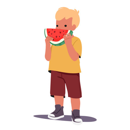 Cute toddler boy kid cartoon character eating sweet watermelon fruit isolated on white backgroundのイラスト素材