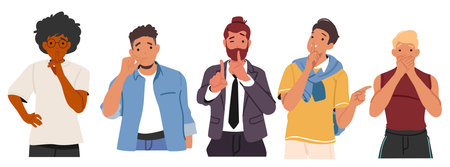 Young guys cartoon characters gesticulating mute sign keeping silence and speechless isolated setのイラスト素材