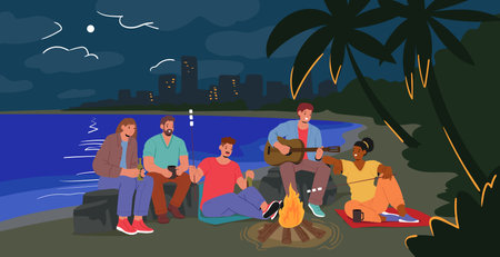 Happy friends sitting around bonfire having fun during evening enjoying pastime cartoon sceneのイラスト素材