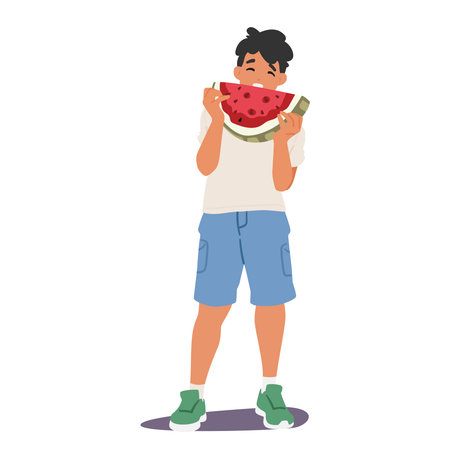 Preteen boy child cartoon character eating watermelon biting delicious food snack isolated on whiteのイラスト素材