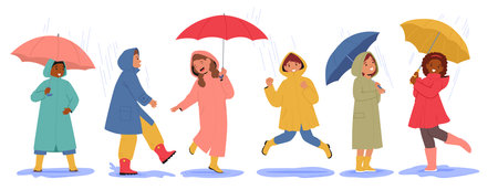 Happy kids cartoon characters in raincoats holding umbrellas and without standing under rain setのイラスト素材