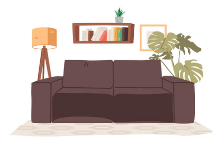 Cozy living room with comfortable sofa couch, houseplant decoration, floor lamp and bookshelfのイラスト素材