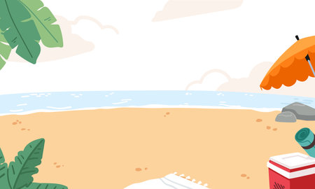 Tropical sandy beach with sea coastline and touristic accessories cartoon scene and no peopleのイラスト素材