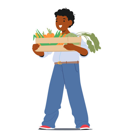Cartoon boy little farmer character carrying crate with carrot harvest isolated on white backgroundのイラスト素材