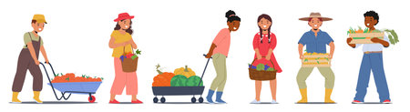 Cute little boys and girls characters gathering fruits and vegetables harvest isolated set on whiteのイラスト素材
