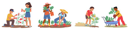 Happy children characters harvesting fruits and vegetables in garden cartoon scene isolated setのイラスト素材