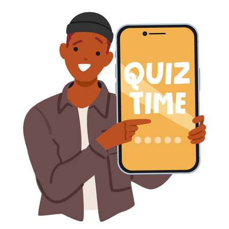 Young man holding mobile phone with quiz time announcement getting ready to take part in contestのイラスト素材