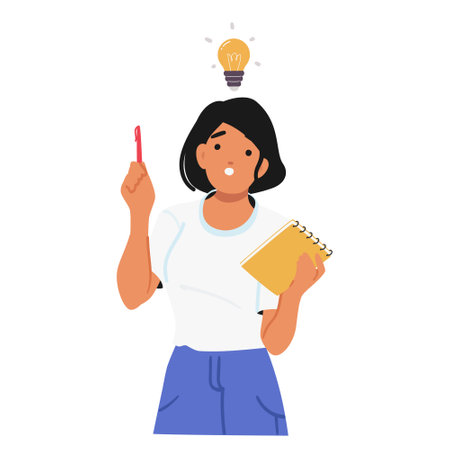 Smart emotional young woman cartoon character engaged in business planning having genius ideaのイラスト素材