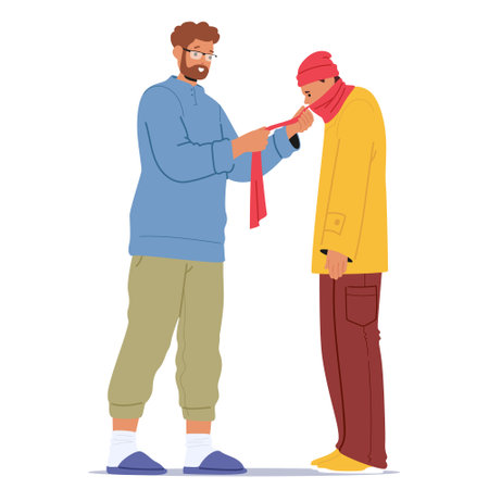 Father overprotecting teenage son showcasing problem of family separation isolated on whiteのイラスト素材