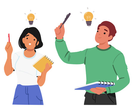 Man and woman with pen and notebook finding good business strategy having plan isolated on whiteのイラスト素材
