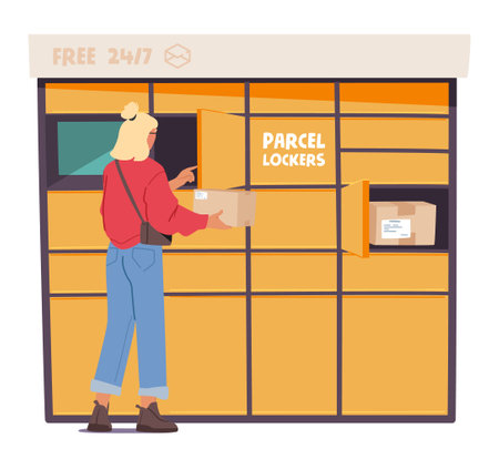 Young casual woman character using parcel lockers self service cartoon scene vector illustrationのイラスト素材