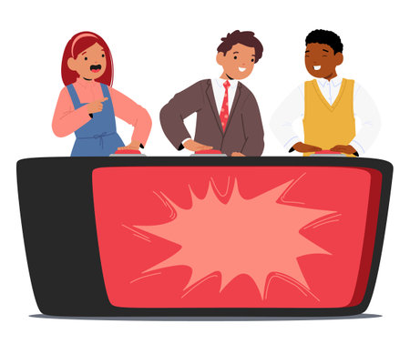 Clever kids enthusiastic participants cartoon characters playing quiz game show isolated on whiteのイラスト素材