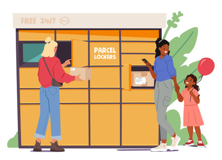 People characters using local parcel lockers self service available round-the-clock cartoon sceneのイラスト素材