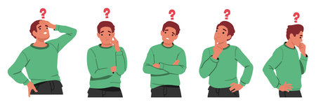 Young man cartoon character with question mark above thinking searching answers isolated setのイラスト素材