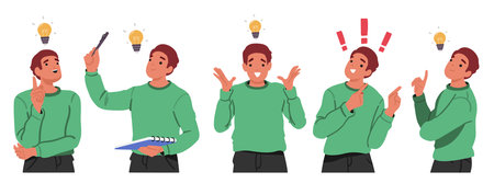 Inspired man cartoon character with exclamation marks above engaged in creativity process setのイラスト素材