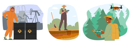 Ecologist characters analyzing toxic waste level in ground and in nature cartoon scene setのイラスト素材