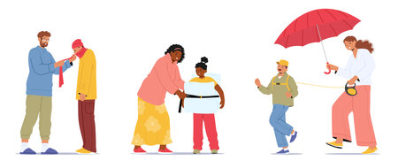 Parent problem of overprotection, excessive attention to children isolated set on white backgroundのイラスト素材