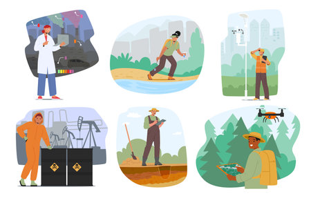 Ecologist and researcher scientist characters caring for nature environment cartoon scene setのイラスト素材