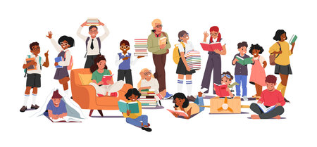 Crowd of bookworms cartoon children characters reading books, learning literature, enjoying hobbyのイラスト素材