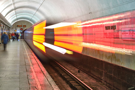 Russia Moscow June 2020. Moscow metro. effect of long exposure of the metro train movement. on the...
