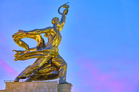 Moscow June 2020 monument to the worker and collective farm on the day after restoration. Beautiful background. View from the side.のeditorial素材