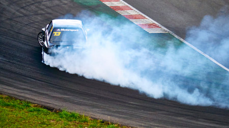 Russia Ryazan International Track Atron September 2020. A sports car in a controlled skid on the...