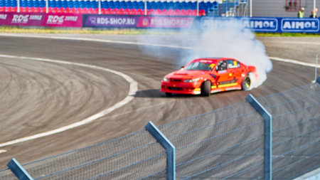 Russia Ryazan International Track Atron September 2020. A sports car in a controlled skid on the...