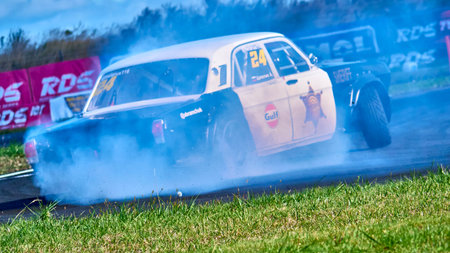 Russia Ryazan International Track Atron September 2020. A sports car in a controlled skid on the track. Smoke billows from under the wheelsのeditorial素材