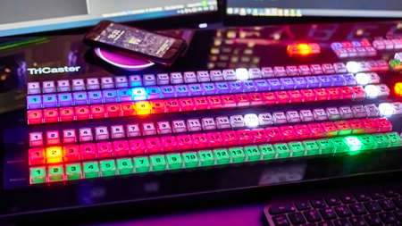russia october 2020. Close-up of camera switcher in studio. low lightのeditorial素材