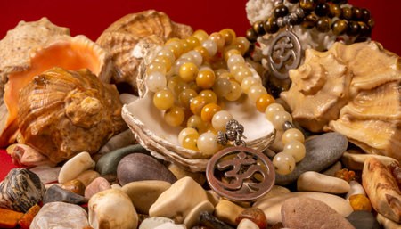 Buddhist prayer beads Mala are the conch shell on the sea rocks surrounded by sea shells. close-up colorの写真素材