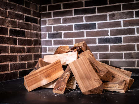 The firewood is in the fireplaceの写真素材
