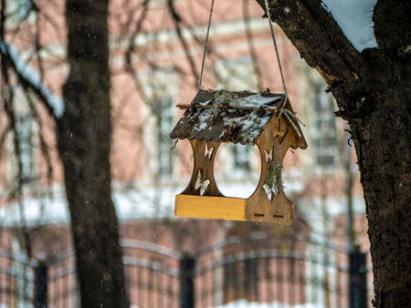 Bird house on a tree branch in a city winter park. outdoor photoの写真素材