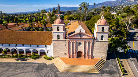 The historic Santa Barbara Spanish Mission in California, USA 2022. photo from the droneの写真素材