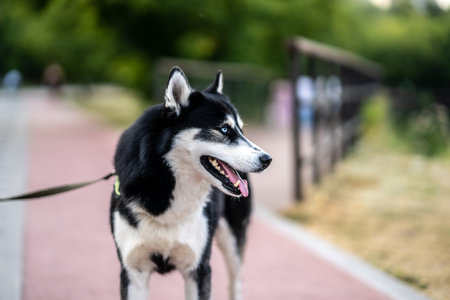 Portrait of Alaskan Malamute on the background of city park. blurred backgroundの写真素材