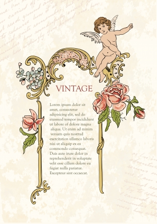 Retro design elements frame with flowers and angelのイラスト素材