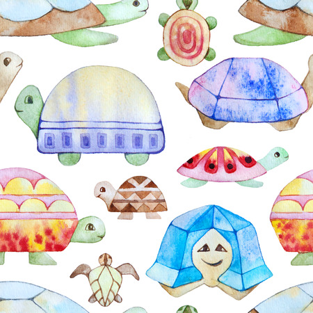 Watercolor stylised turtles seamless pattern texture. Kids cartoon style.の写真素材