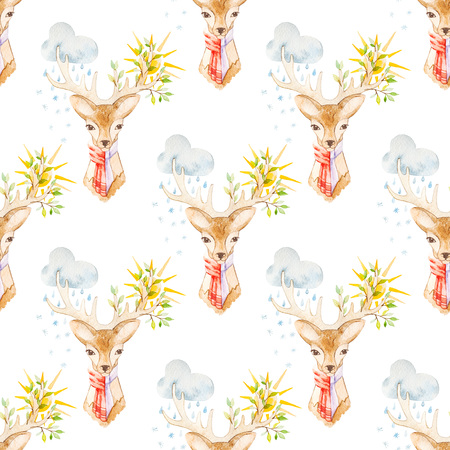 Watercolor seasonal seamless pattern. Deer in red scarf.の写真素材