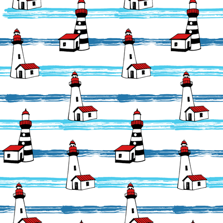 Colorful vector seamless pattern with lighthouse landscapeのイラスト素材