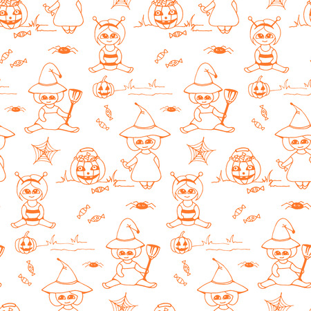 Halloween vector seamless pattern with kids in costumesのイラスト素材