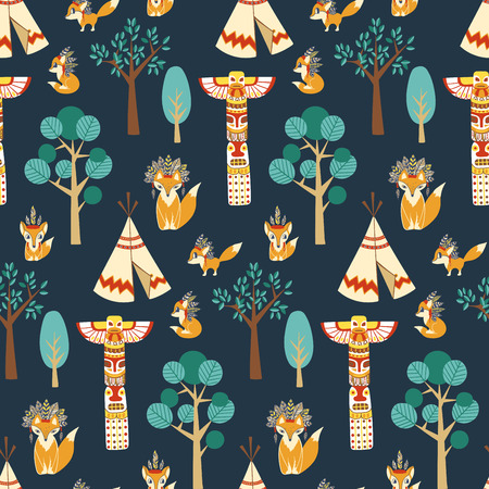 Vector seamless pattern texture with foxes in american indian styleのイラスト素材