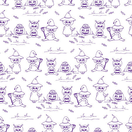 Halloween vector seamless pattern with kids in costumesのイラスト素材