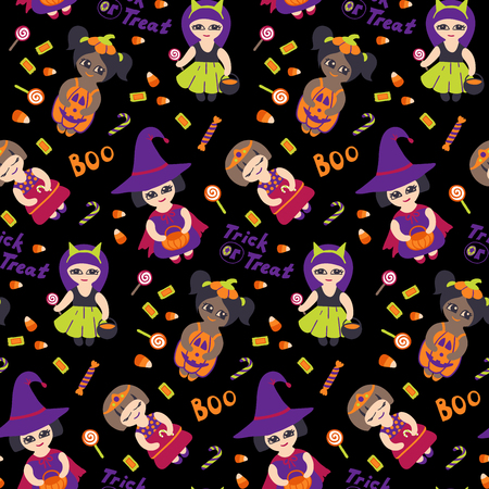Halloween vector seamless pattern with kids in costumesのイラスト素材