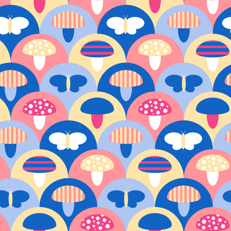 Stylized seamless pattern texture in cartoon style with mushrooms and butterfliesのイラスト素材