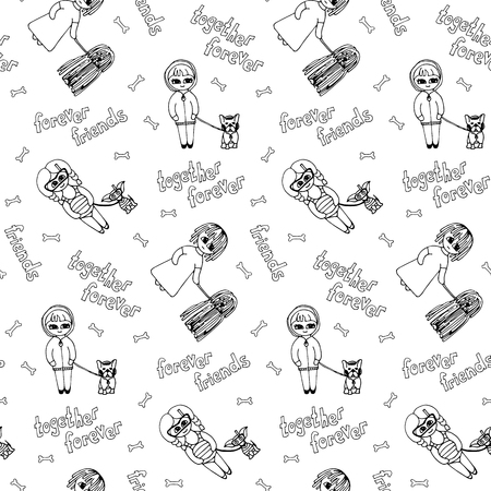 Vector monochrome seamless pattern with kids and dogsのイラスト素材