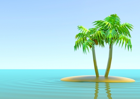 two palm trees on the island in the middle of the oceanの写真素材